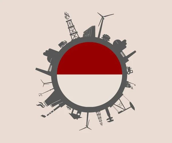 Circle with industry relative silhouettes. Indonesia flag — Stock Vector