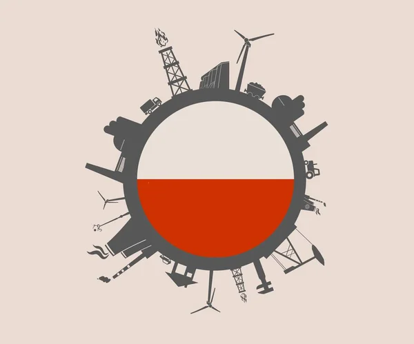 Círculo con siluetas relativas de la industria. Bandera de Polonia — Vector de stock