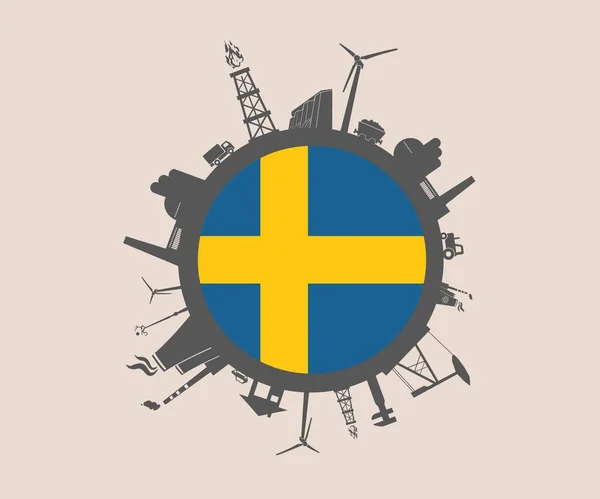 Kruh s relativní siluety průmyslu. Vlajka Švédsko — Stockový vektor