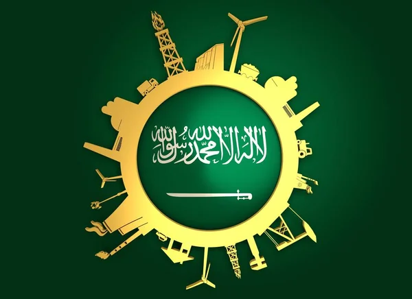 Sanayi göreli siluetleri ile daire. Suudi Arabistan bayrağı — Stok fotoğraf