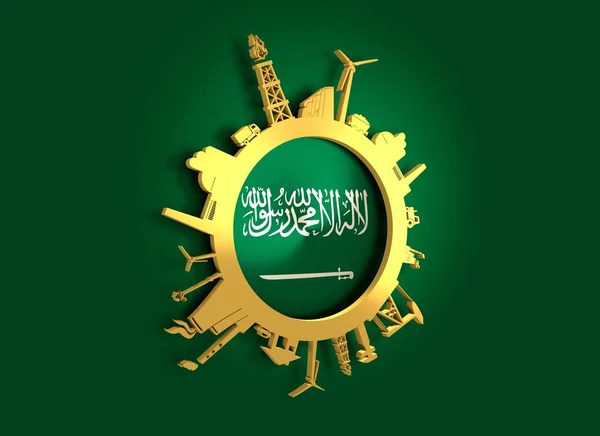 Kreis mit den relativen Silhouetten der Industrie. saudi-arabische Flagge — Stockfoto