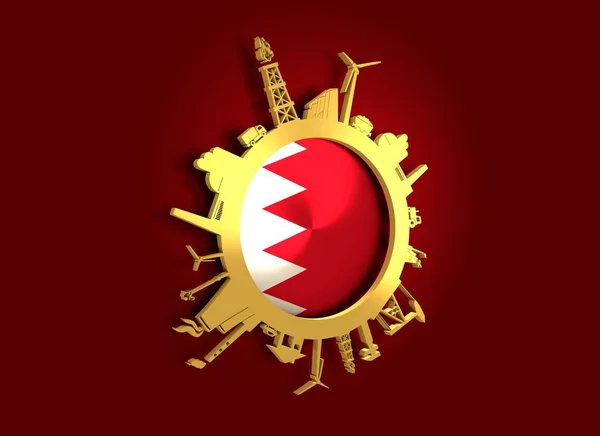 Cirkel med industri relative silhuetter. Bahrain flag - Stock-foto