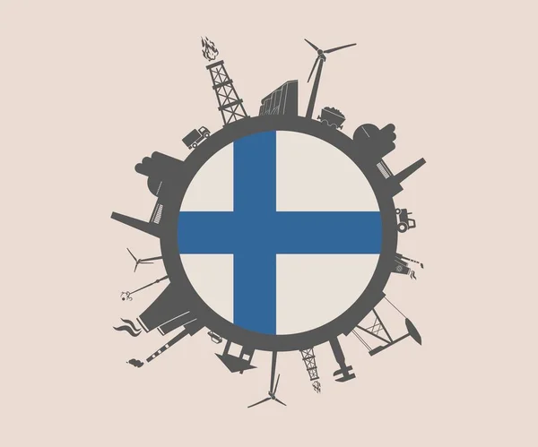 Círculo con siluetas relativas de la industria. Finlandia bandera — Vector de stock