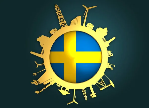 Kruh s relativní siluety průmyslu. Vlajka Švédsko — Stock fotografie