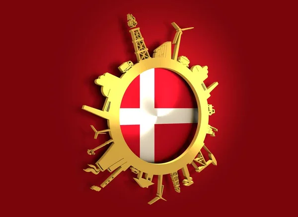 Sanayi göreli siluetleri ile daire. Danimarka bayrağı — Stok fotoğraf