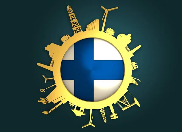 Kruh s relativní siluety průmyslu. Vlajka Finska — Stock fotografie