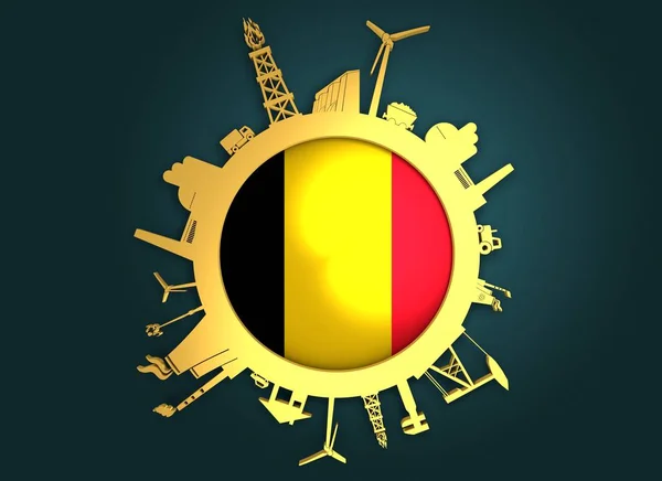 Circle with industry relative silhouettes. Belgium flag — Stock Photo, Image