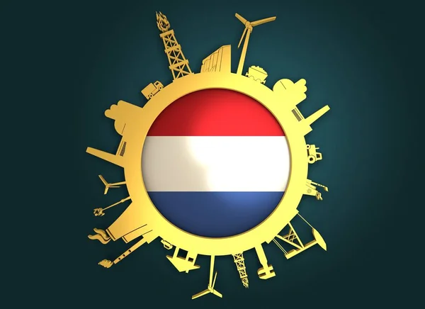 Kreis mit den relativen Silhouetten der Industrie. Niederländische Flagge — Stockfoto