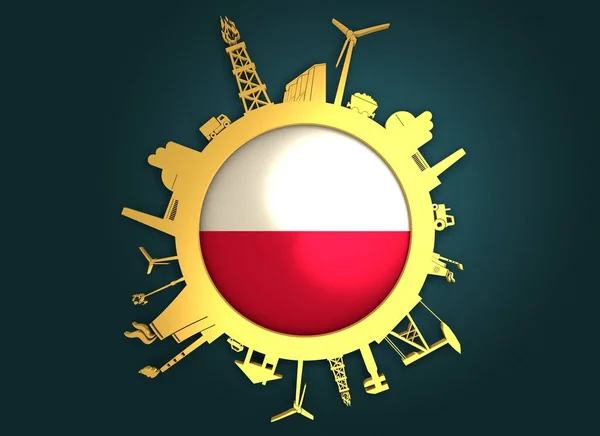 Cirkel met industrie relatieve silhouetten. Vlag van Polen — Stockfoto