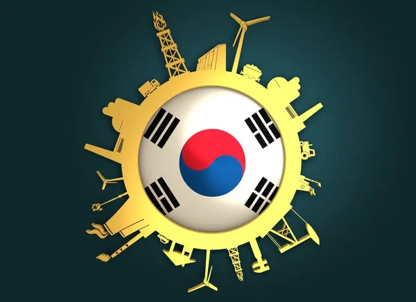 Circle with industry relative silhouettes. Korea flag — Stock Photo, Image