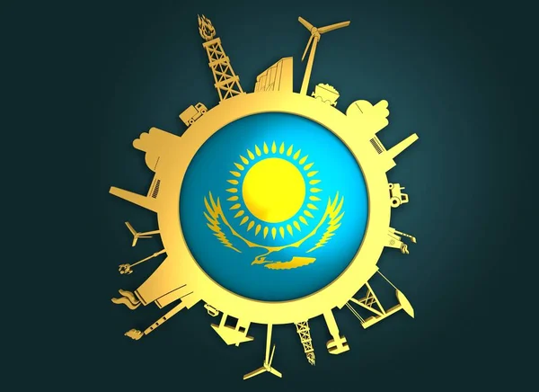 Cirkel med industrins relativa silhuetter. Kazakstan flagga — Stockfoto