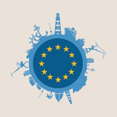 Kargo bağlantı noktası ile daire ve göreli siluetleri seyahat. Avrupa bayrak.