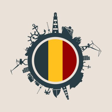 Kargo bağlantı noktası ile daire ve göreli siluetleri seyahat. Belçika bayrağı.