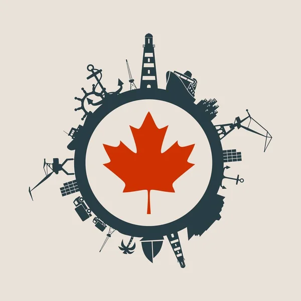 Kargo bağlantı noktası ile daire ve göreli siluetleri seyahat. Kanada bayrağı. — Stok Vektör