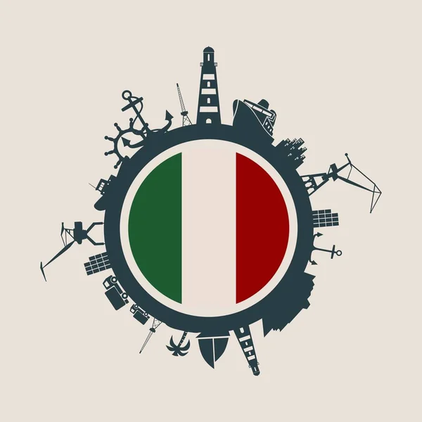 Círculo con puerto de carga y viajar siluetas relativas. Bandera de Italia . — Archivo Imágenes Vectoriales