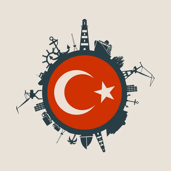 Cercle avec port de chargement et silhouettes relatives de voyage. Turquie drapeau . — Image vectorielle