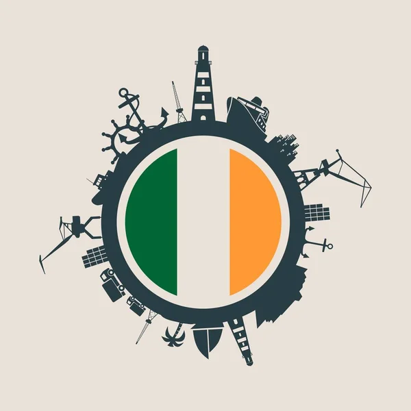 Cercle avec port de chargement et silhouettes relatives de voyage. Drapeau Irlande . — Image vectorielle