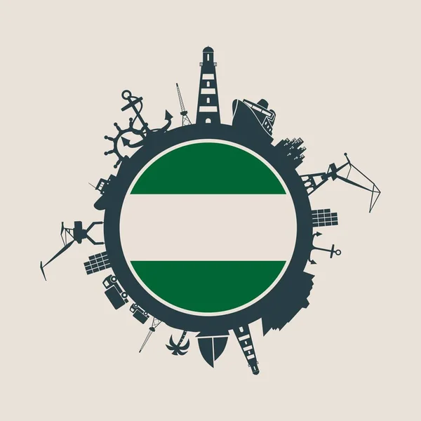 貨物港で円および相対的なシルエットを旅行します。ロッテルダムの旗. — ストックベクタ
