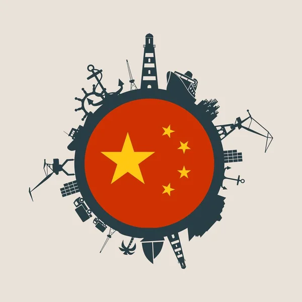 Círculo com porto de carga e silhuetas relativas de viagem. Bandeira da China . —  Vetores de Stock
