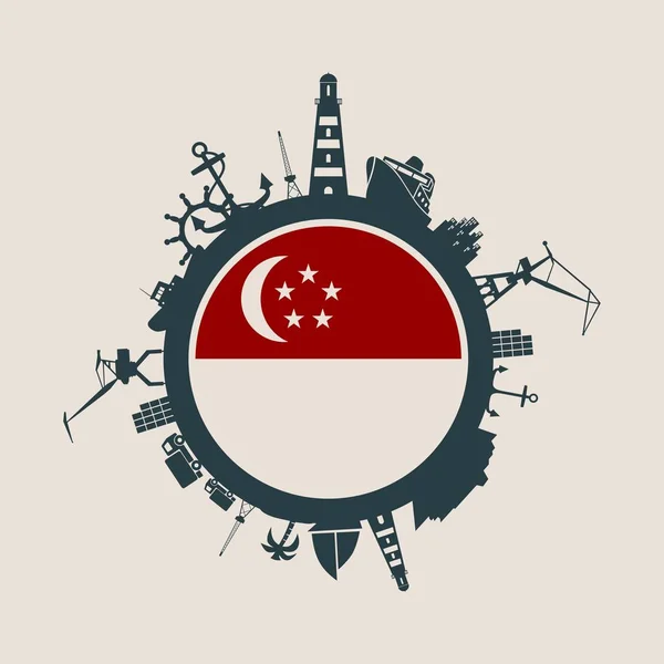 Círculo con puerto de carga y viajar siluetas relativas. Bandera de Singapur . — Vector de stock