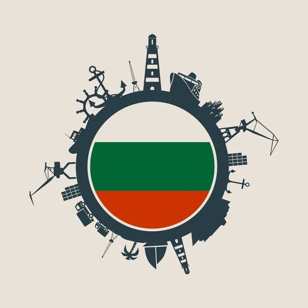 Círculo con puerto de carga y viajar siluetas relativas. Bulgaria bandera . — Vector de stock