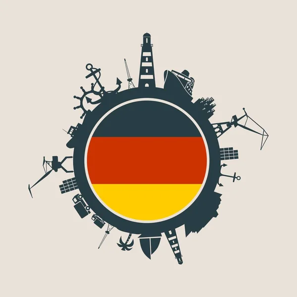 Cirkel met vrachthaven en reizen van relatieve silhouetten. Vlag van Duitsland. — Stockvector