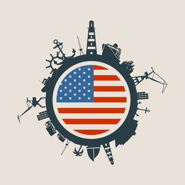 Cirkel met vrachthaven en reizen van relatieve silhouetten. USA vlag. — Stockvector