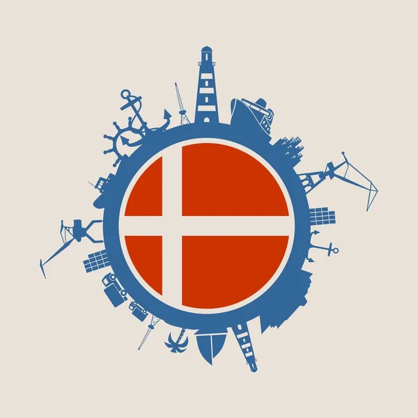 Cirkel med Last port och resa relativa silhuetter. Danmark flagga. — Stock vektor