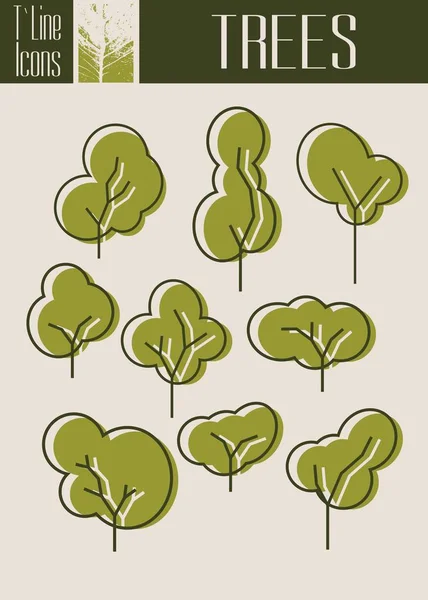 Surtido conjunto de iconos de árbol perfilado aislado. Temporada de otoño — Vector de stock