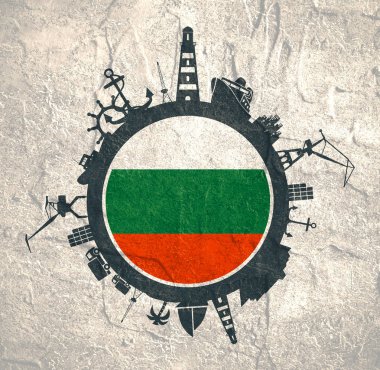 Kargo bağlantı noktası ile daire ve göreli siluetleri seyahat. Bulgaristan bayrağı.