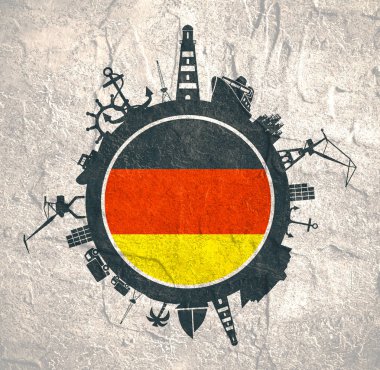 Kargo bağlantı noktası ile daire ve göreli siluetleri seyahat. Almanya bayrağı.