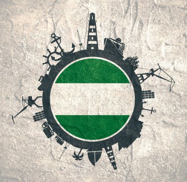 Kargo bağlantı noktası ile daire ve göreli siluetleri seyahat. Rotterdam bayrak.