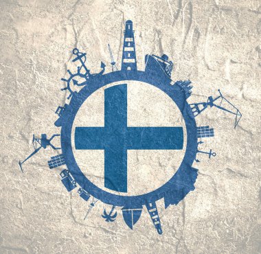 Kargo bağlantı noktası ile daire ve göreli siluetleri seyahat. Finlandiya bayrağı.