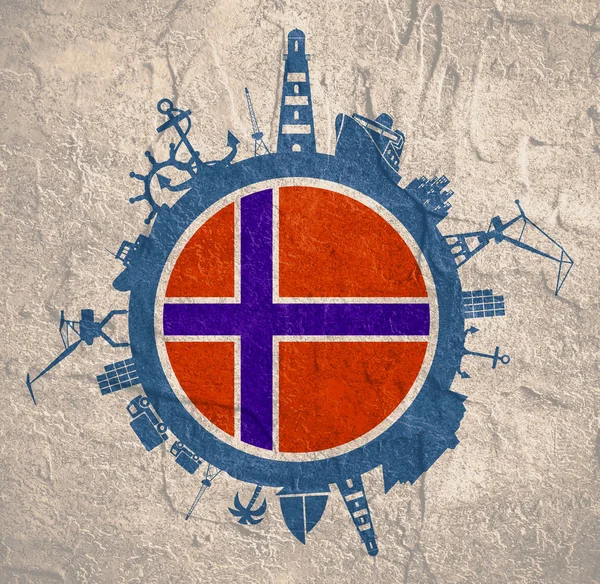 Kruh s nákladní přístav a cestování relativní siluety. Norsko vlajka. — Stock fotografie