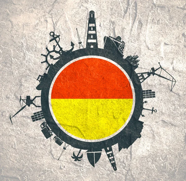 Cirkel med Last port och resa relativa silhuetter. Ostend flagga. — Stockfoto