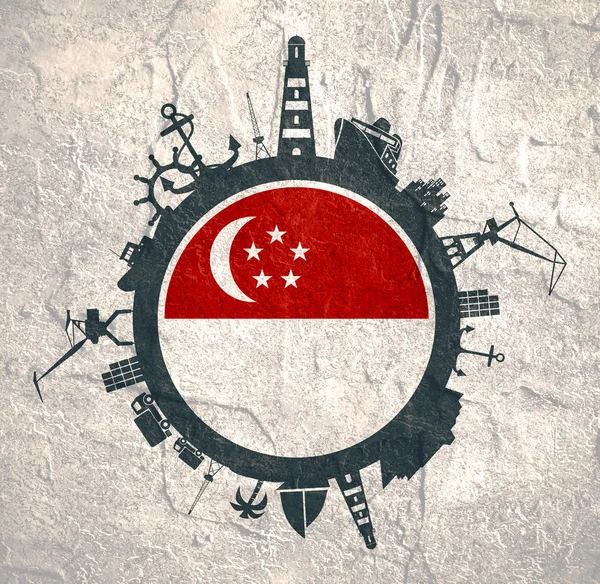 Koło z portu cargo i podróży względne sylwetki. Flaga Singapuru. — Zdjęcie stockowe