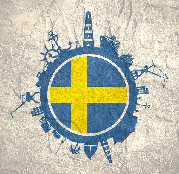 Kreis mit Frachthafen und relativen Silhouetten. schwedische Flagge. — Stockfoto