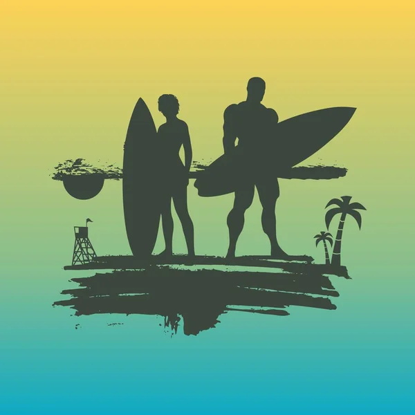 여자와 남자 서핑 보드와 포즈의 그림 — 스톡 벡터
