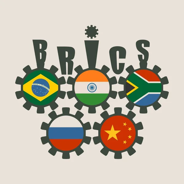 BRICS sindicato membros bandeiras nacionais em engrenagens — Vetor de Stock