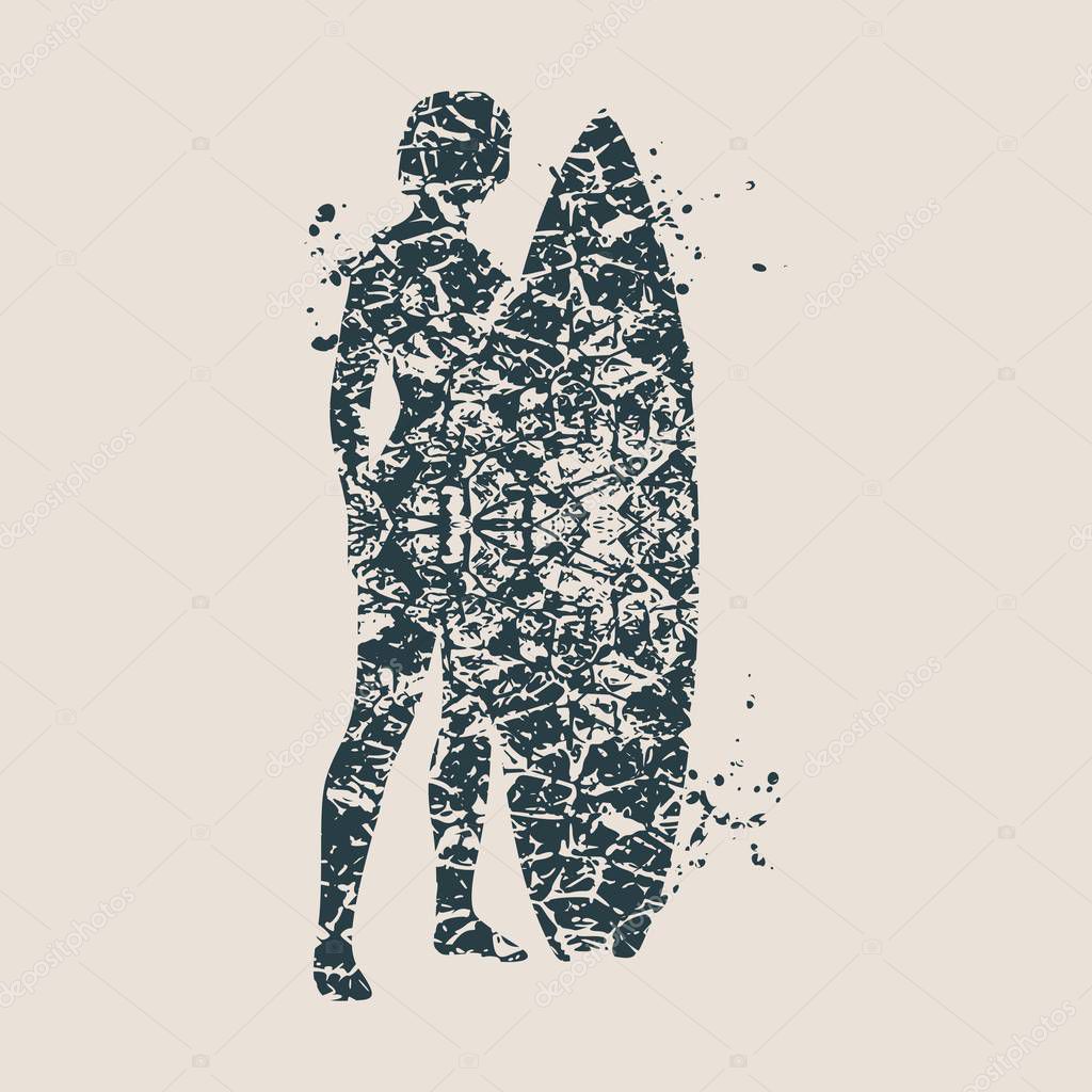 Woman posing with surfboard. Monochrome silhouette. Vector illustration. Vintage Surfing Graphic and Emblem for web design or print. Grunge style vector illustration
