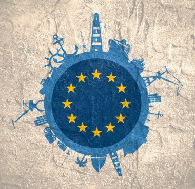 Kargo bağlantı noktası ile daire ve göreli siluetleri seyahat. Avrupa bayrak.