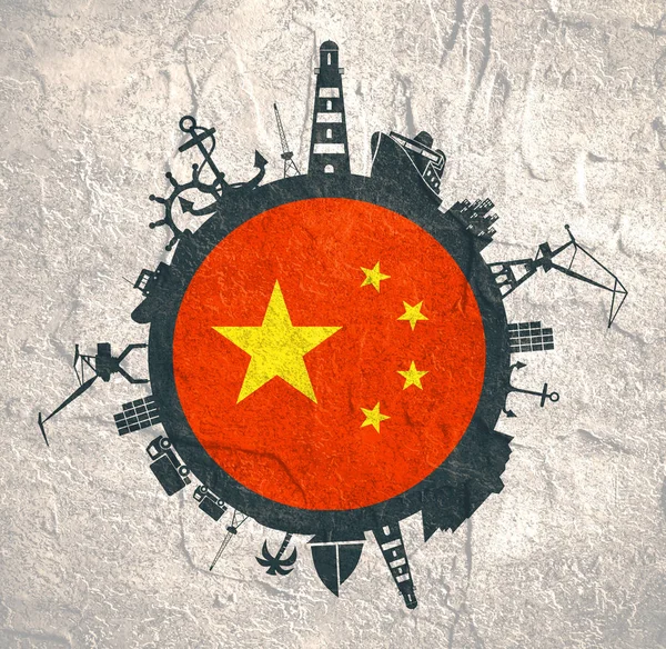 Круг с грузовым портом и путешествия относительные силуэты. Флаг Китая . — стоковое фото