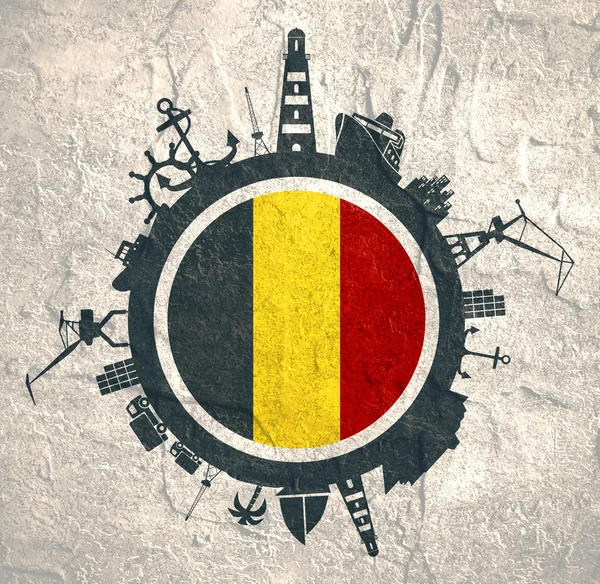 Círculo com porto de carga e silhuetas relativas de viagem. Bandeira Bélgica . — Fotografia de Stock