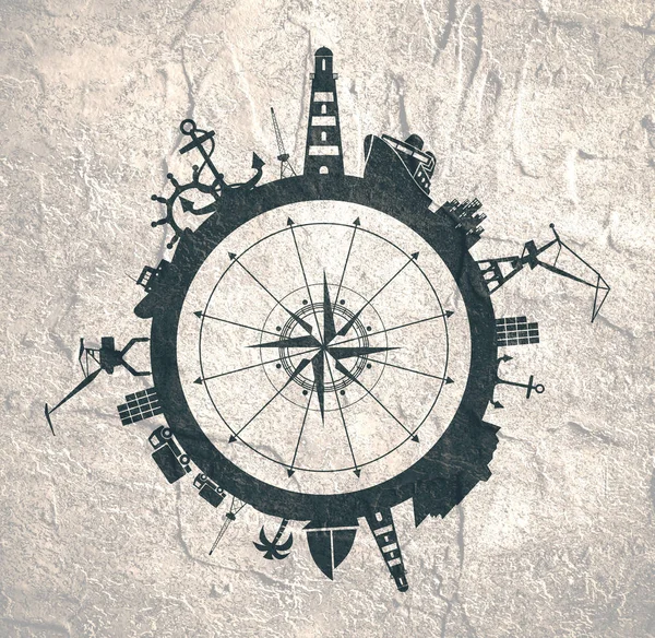 Kreis mit Frachthafen und relativen Silhouetten. — Stockfoto