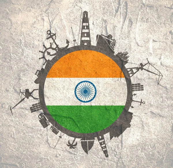 Koło z portu cargo i podróży względne sylwetki. Flaga Indii. — Zdjęcie stockowe