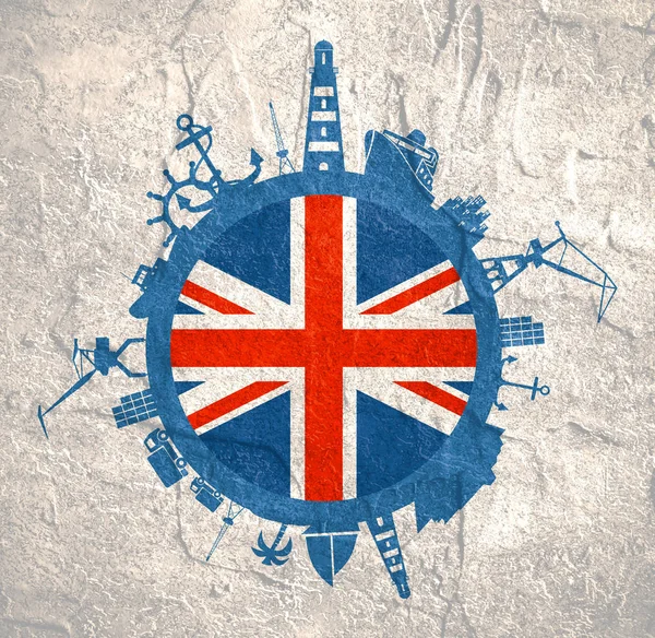 Circle with cargo port and travel relative silhouettes. Britain flag. — Stock Photo, Image