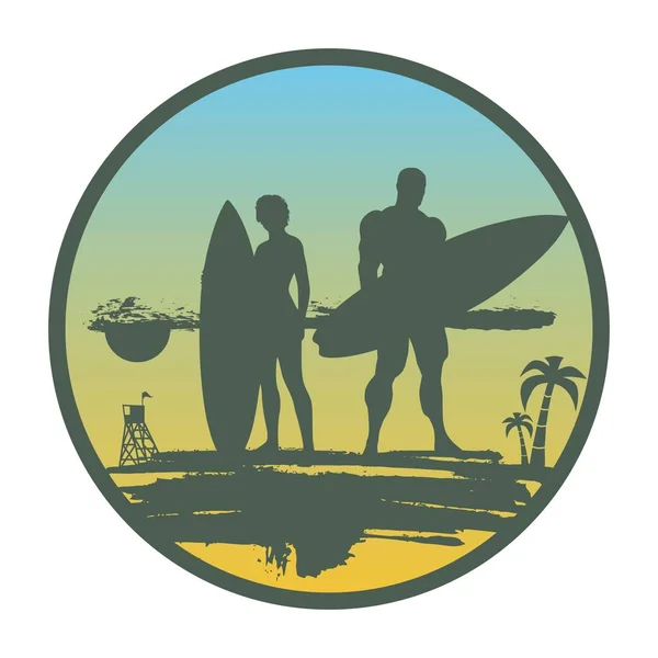 女性と男がサーフボードとポーズのイラスト — ストックベクタ