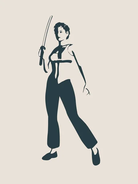 Karate-Kampfkunst Silhouette einer Frau mit Schwert — Stockvektor