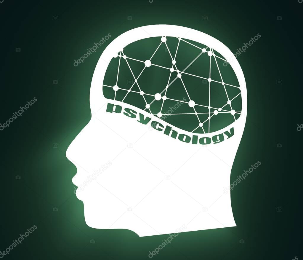 Man avatar profile view. Male face silhouette or icon with psychology text. Mental health relative icon. Scientific medical designs. Connected lines with dots. 3D rendering. Neon shine