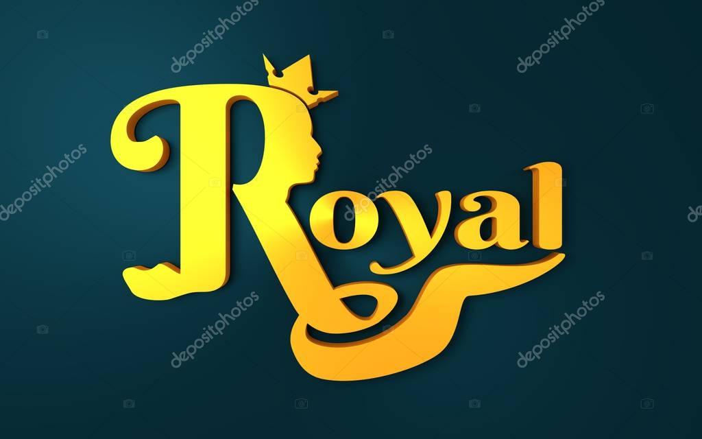 Royal crown logo. Business golden emblem with R letter and face silhouette. 3D rendering